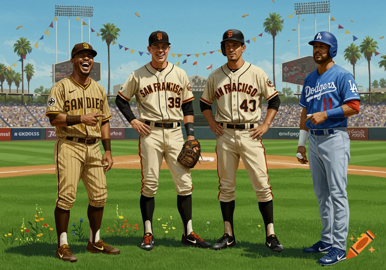 Illustration of a laughing San Diego Padres player pointing at two San Francisco Giants and an LA Dodgers player on a baseball field.