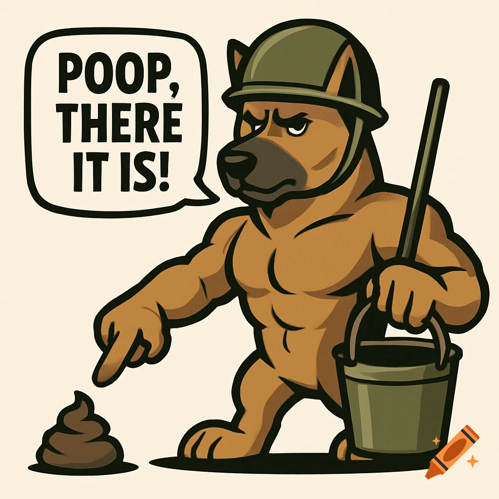 A muscular cartoon German Shepherd wearing a military helmet points at a pile of poop, saying "POOP, THERE IT IS!" in a speech bubble, holding a pooper scooper and bucket.