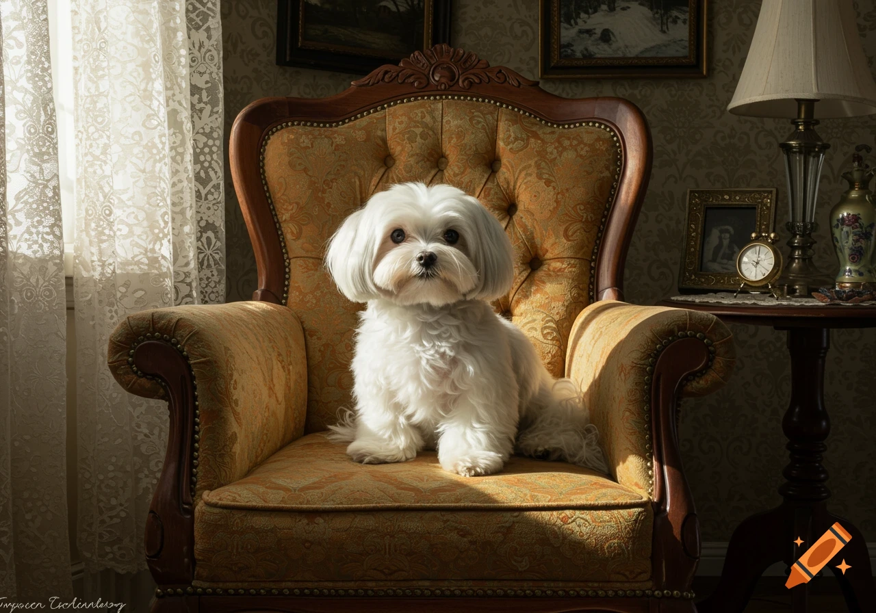 A photorealistic image of a white Maltese dog sitting regally on a patterned gold armchair in a vintage room with lace curtains.