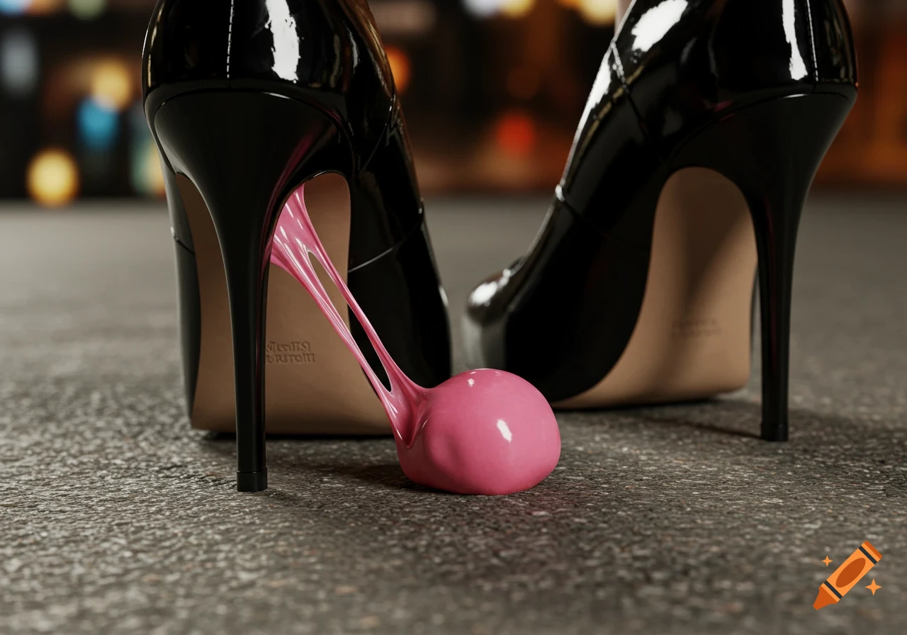 Black patent leather high heels with pink bubble gum stuck to the sole on a concrete sidewalk at night.