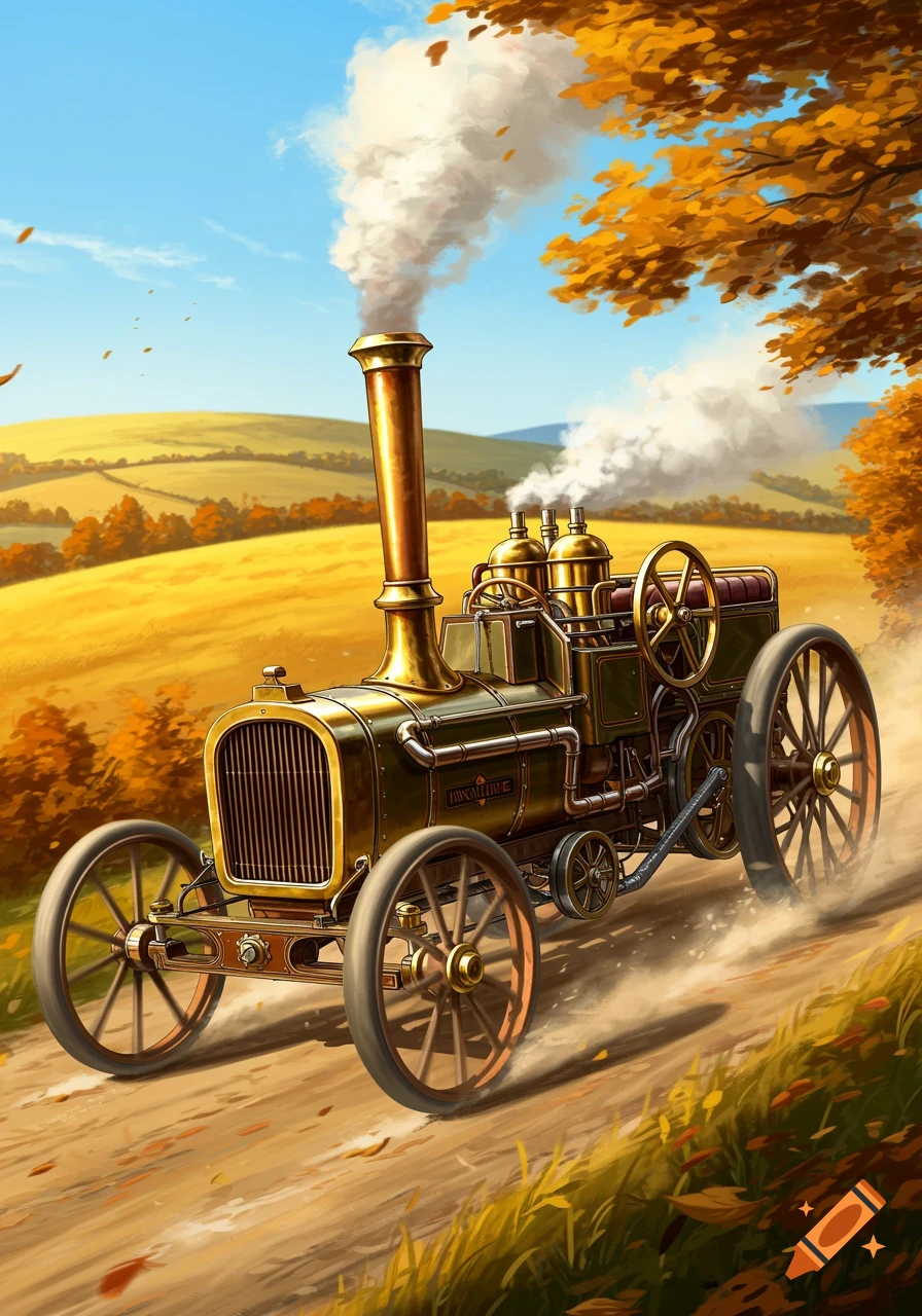 A steampunk-style steam-powered vehicle with a tall smokestack drives on a dirt road through a golden autumn landscape under a blue sky.