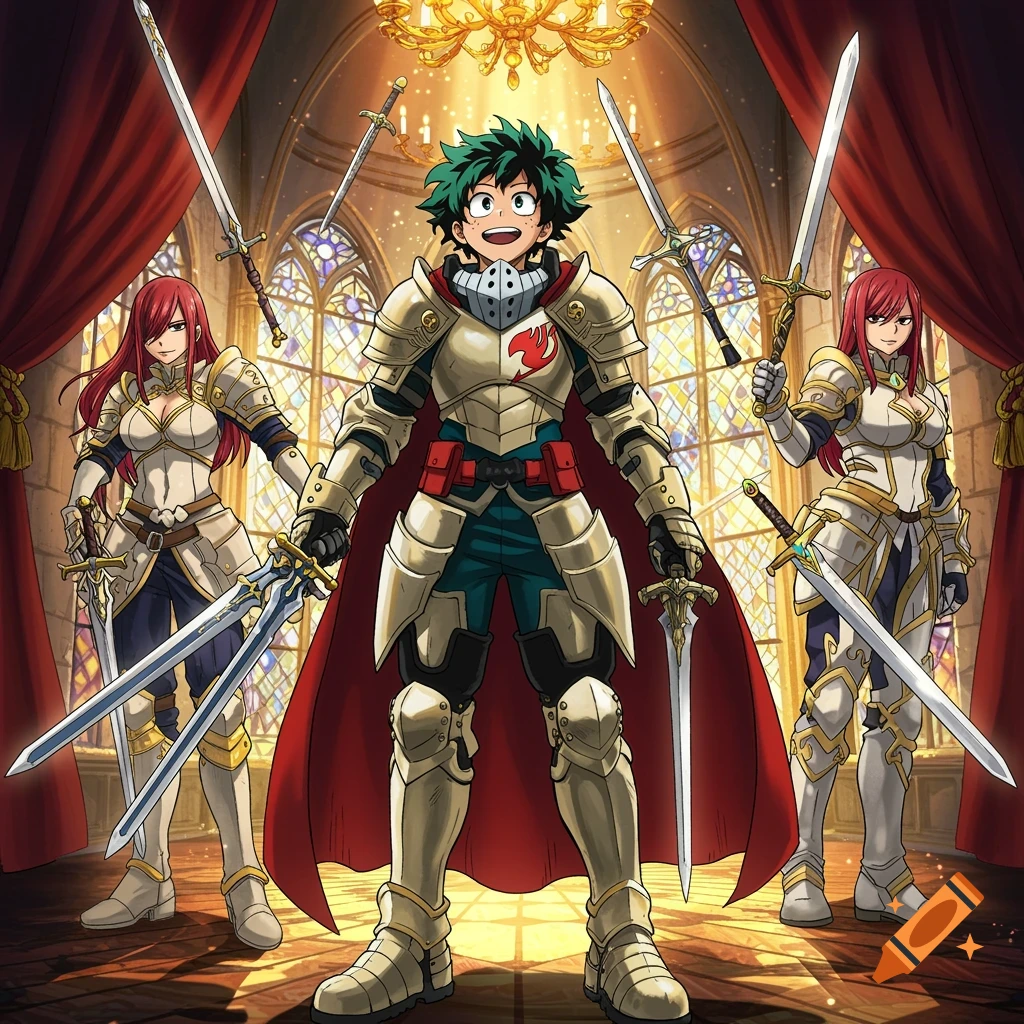 Anime characters Deku and two women in golden knight armor holding swords in a grand hall with stained glass windows.