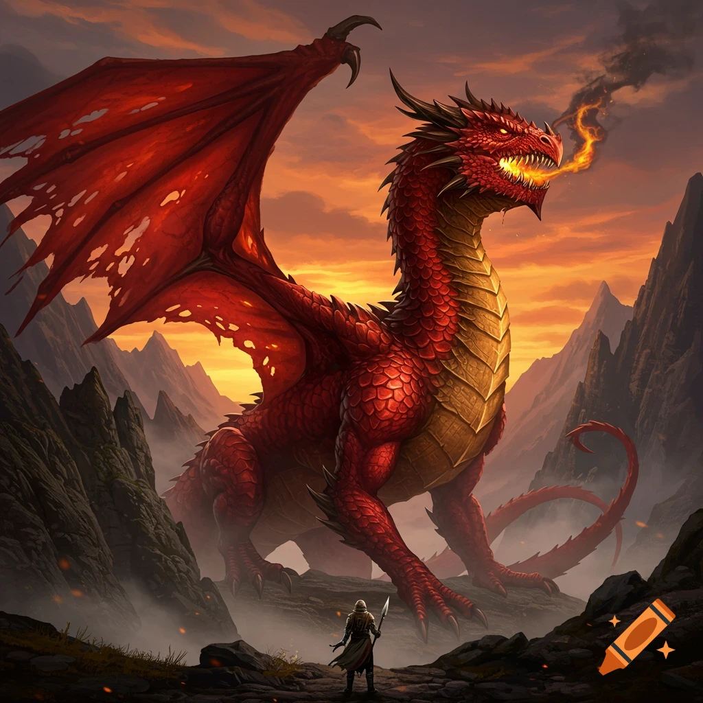 A large red dragon with tattered wings faces a lone warrior in a mountainous, fiery sunset landscape.