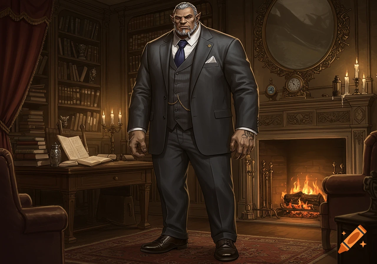 Illustration of a muscular grey-skinned Goliath in a sharp dark suit, standing in a luxurious, wood-paneled study with a fireplace and bookshelves.