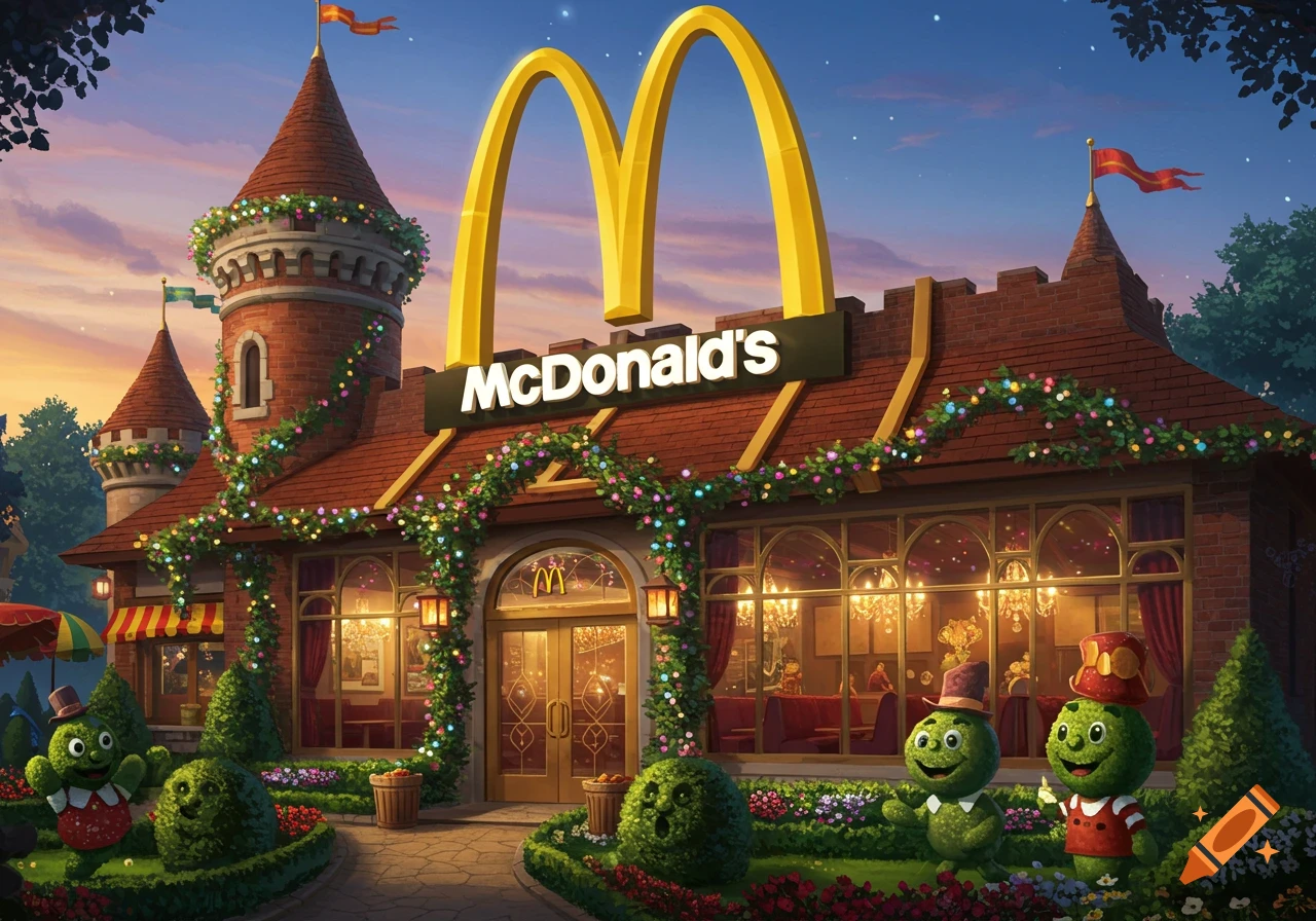 A whimsical McDonald's restaurant styled as a fairytale castle, decorated with colorful garlands, at twilight, with green cartoon characters.