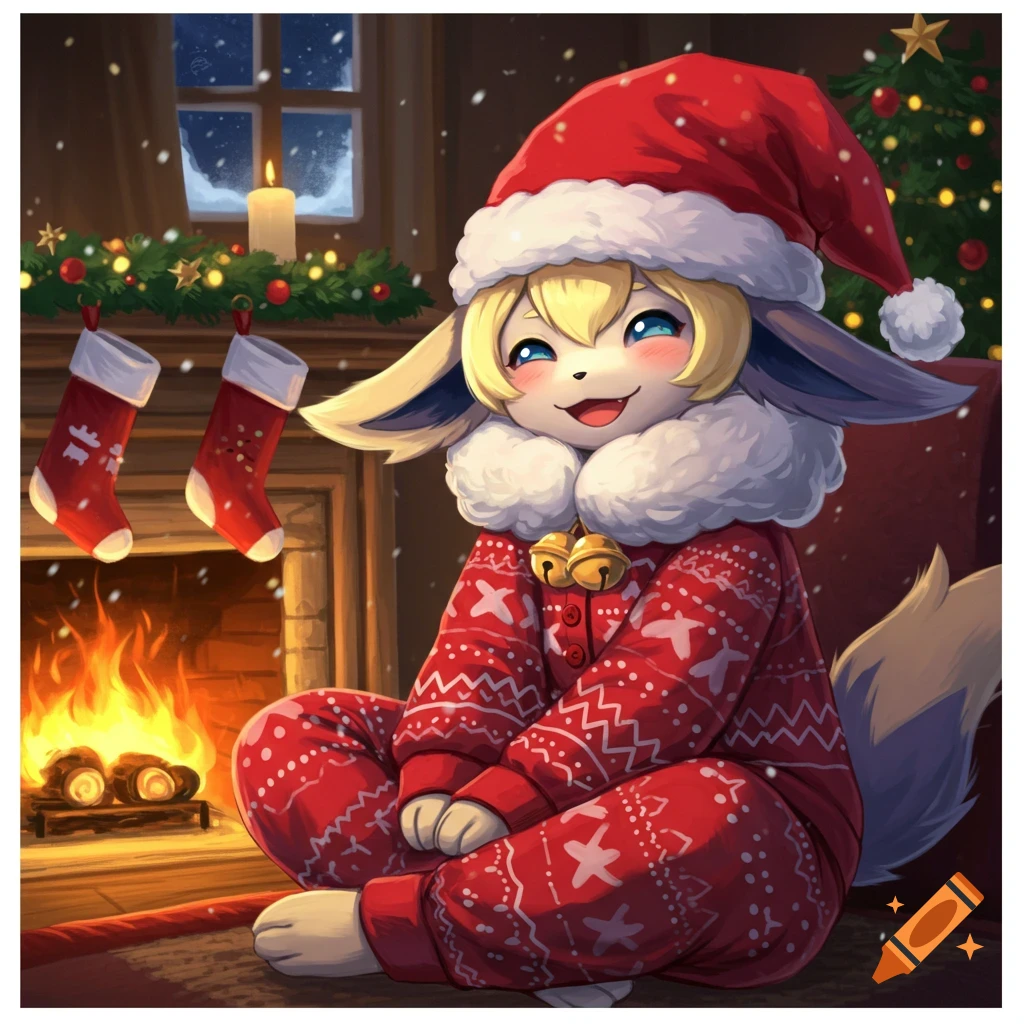 An anime-style humanoid Pokémon resembling an Eeveelution sits in red Christmas pajamas by a fireplace with stockings.