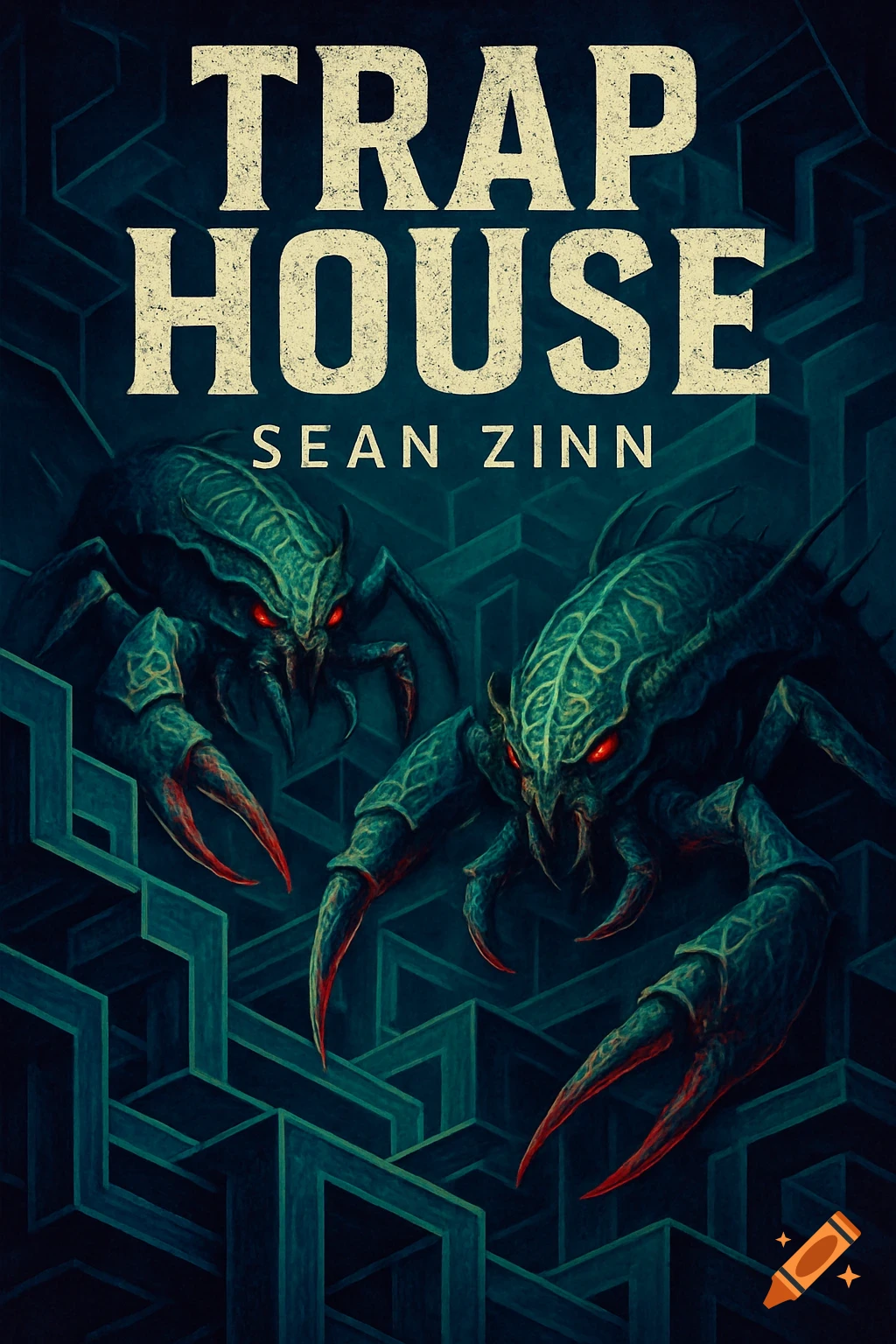 A book cover featuring two menacing, dark green crustacean creatures with red glowing eyes and claws, set against a dark geometric background. The title "TRAP HOUSE" and "SEAN ZINN" are at the top.