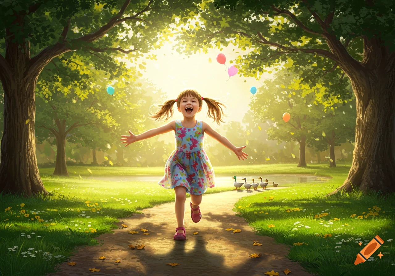 A joyful young girl with pigtails runs through a sunlit park, arms outstretched, with balloons and ducks in the background.