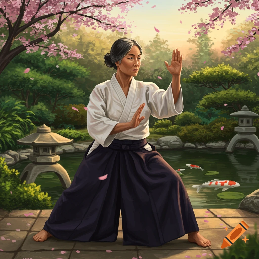 Asian woman in white gi performing Aikido in a serene Japanese garden with cherry blossoms and a koi pond.