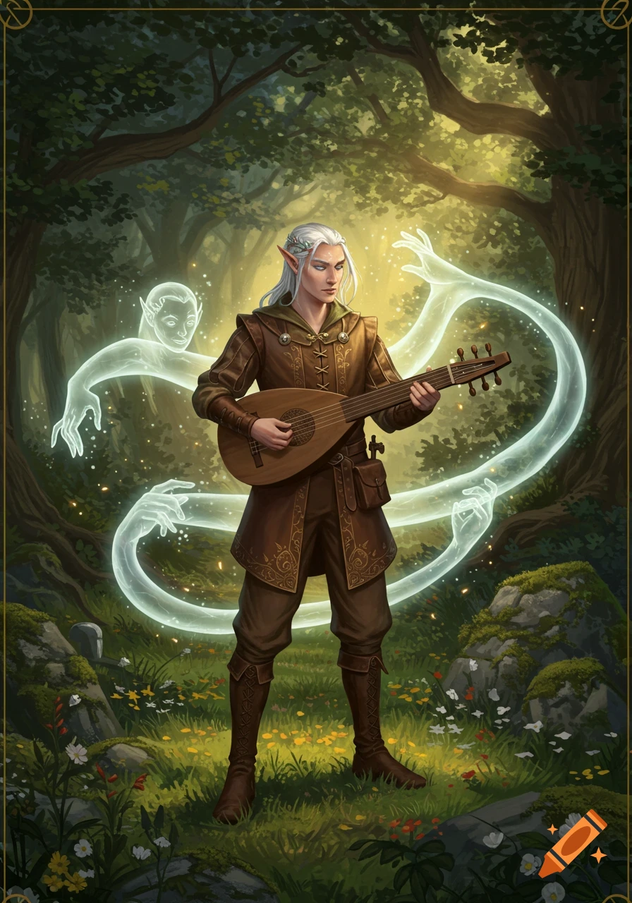 An elven bard with long white hair plays a lute in a magical forest, surrounded by swirling ghostly figures.