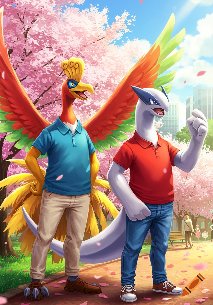 Ho-Oh in a blue polo and brown pants, and Lugia in a red polo and jeans, stand in a park with cherry blossoms.