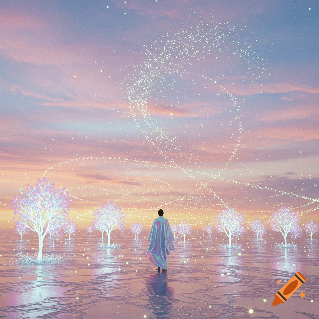 A person in an iridescent robe walks on a reflective surface among glowing, fantastical trees under a pastel sky with swirling light.