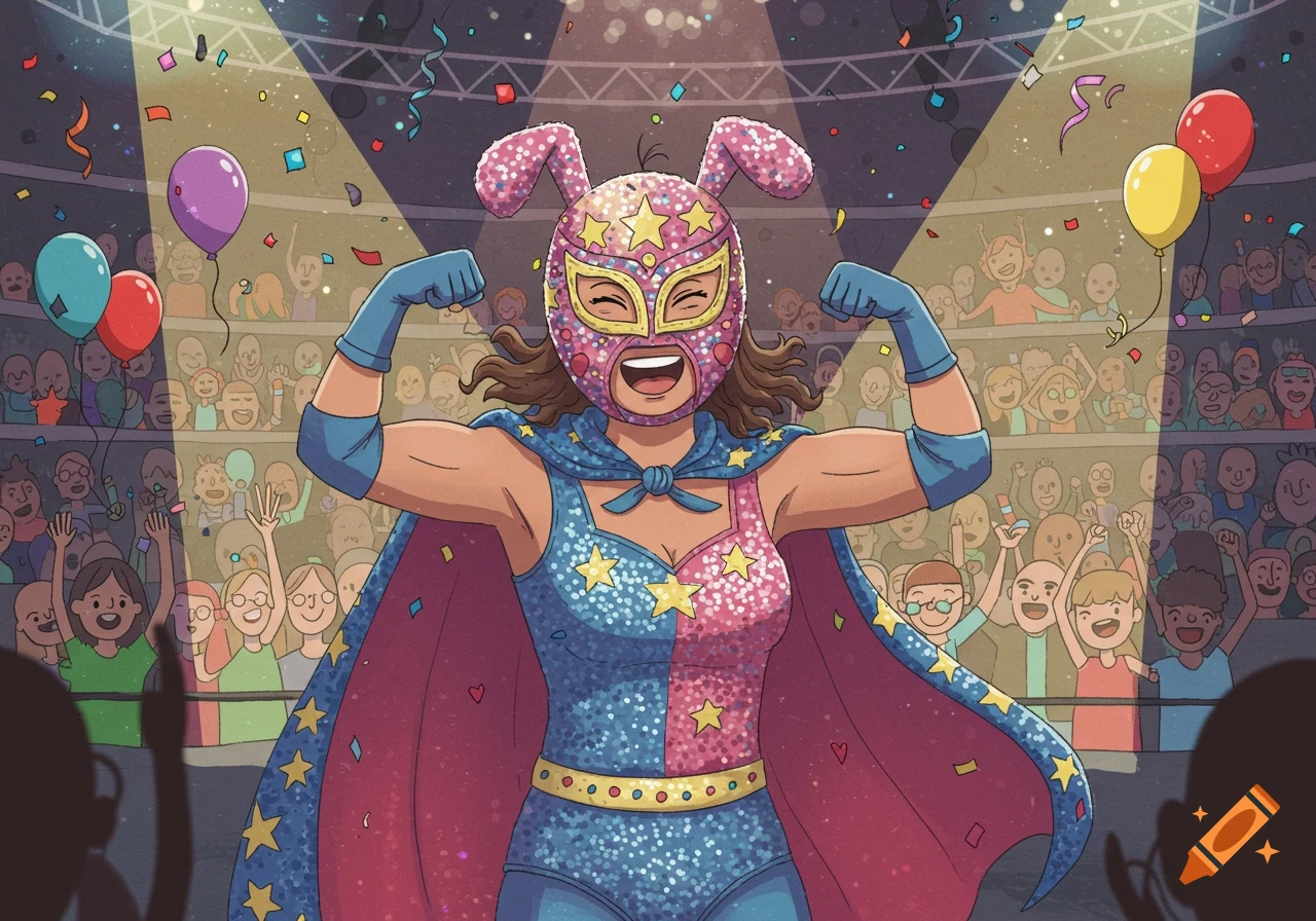 A children's book illustration of a female masked wrestling champion in a pink and blue costume flexing in an arena.