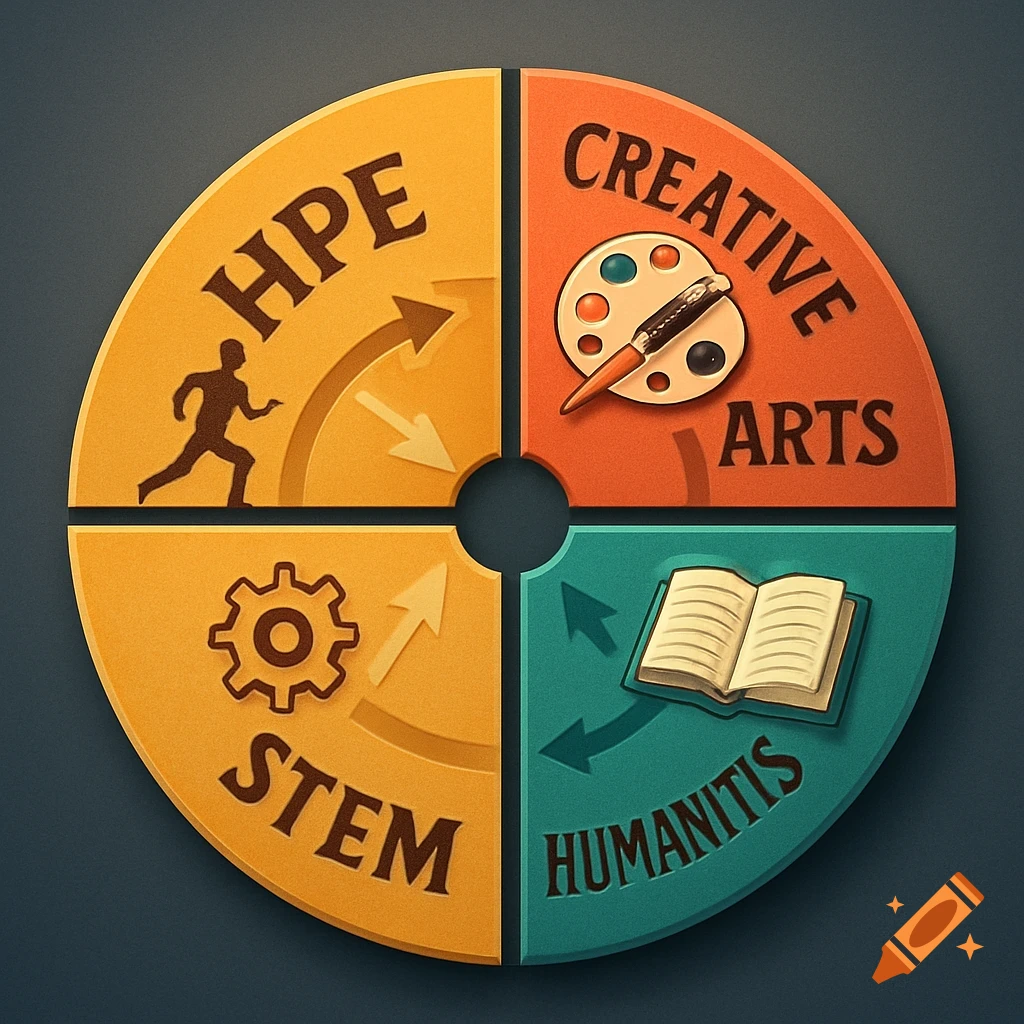A four-segment diagram showing HPE with a running person, Creative Arts with a palette, STEM with a gear, and Humanities with a book, all with arrows.
