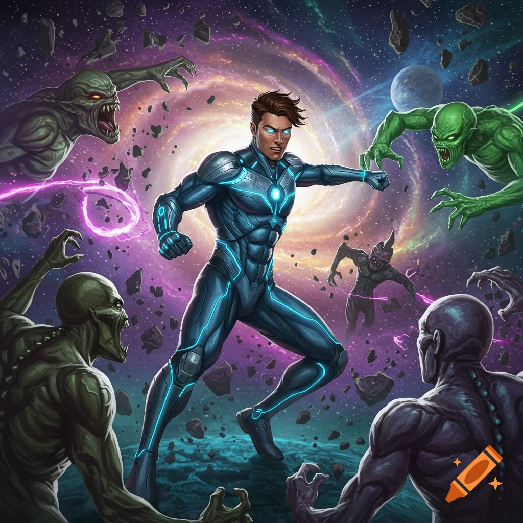 A brown-haired male in a blue superhero suit fights multiple green and grey intergalactic aliens in a swirling galaxy filled with asteroids.