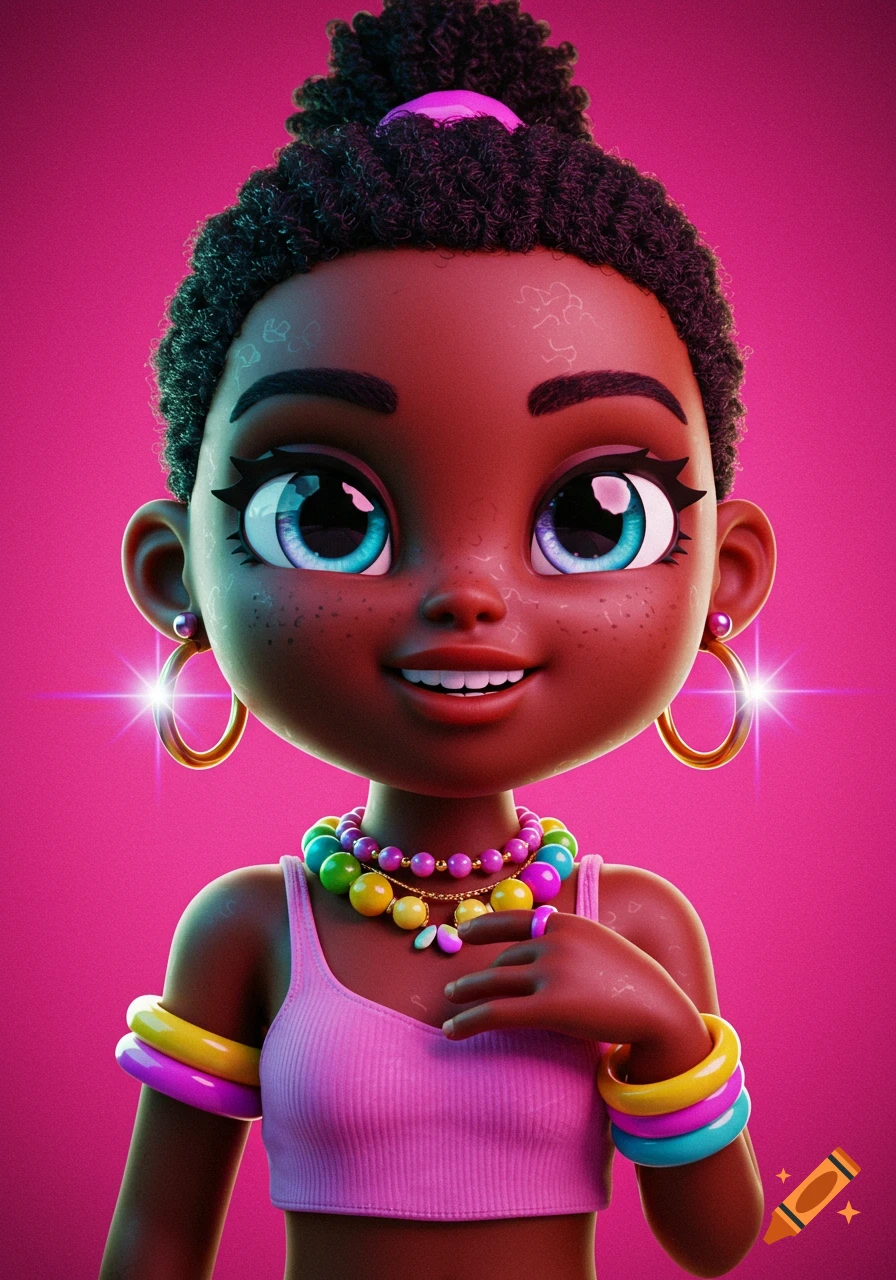 A cheerful 3D cartoon Black girl with large blue eyes, colorful jewelry, and a pink tank top on a vibrant pink background.