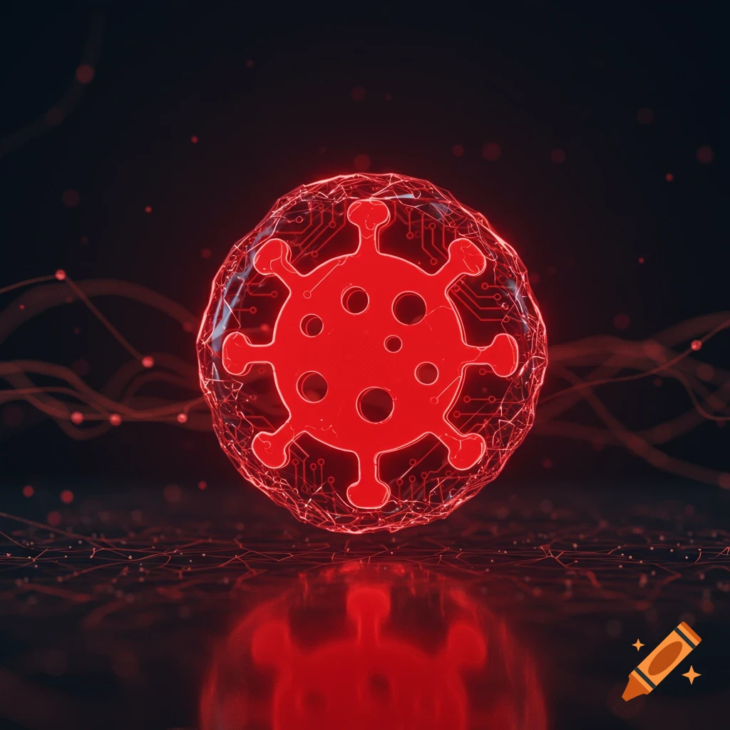 A glowing red symbol of a virus inside a translucent sphere with circuit board patterns, against a dark background with digital lines and reflections.