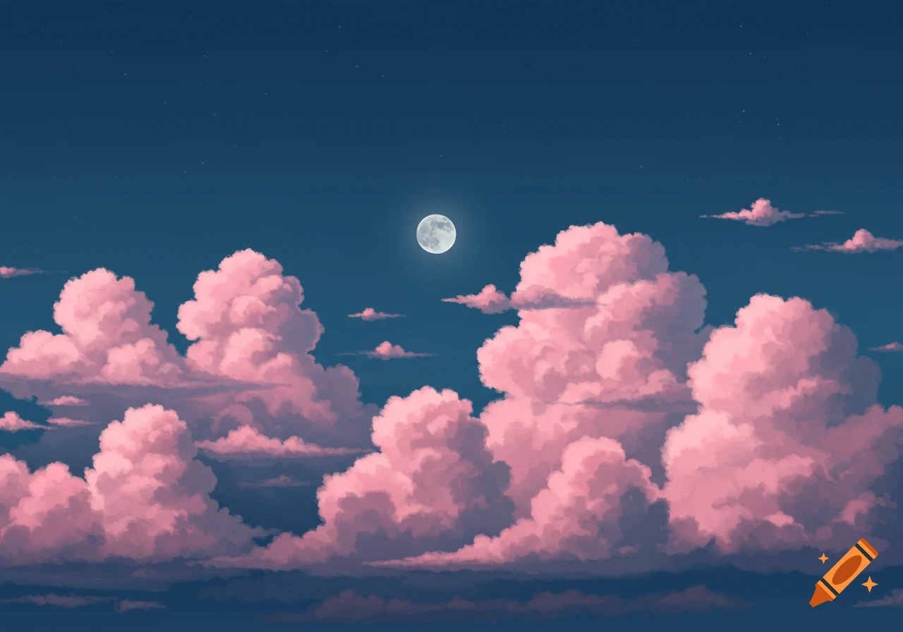 A navy blue night sky with a bright full moon and many light pink, fluffy clouds.