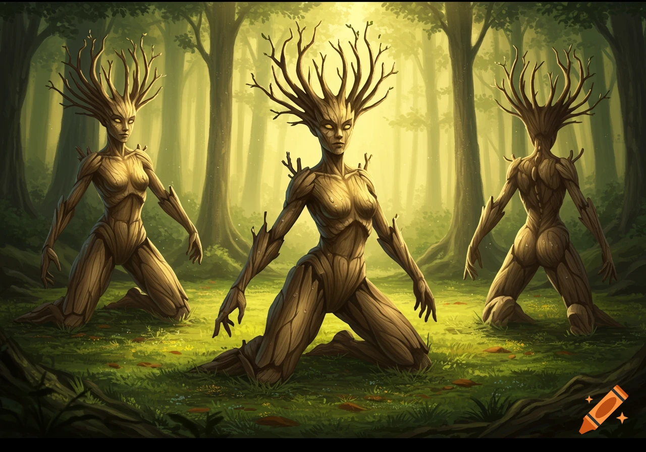 Three dryad-like figures with bark skin and branch crowns kneel in a golden-hour forest.