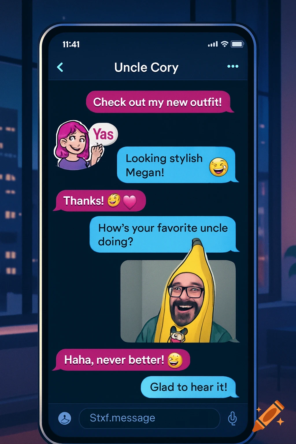 A smartphone screen showing a text message conversation. A person in a banana costume is seen in a profile picture. The conversation includes messages like "Check out my new outfit!" and "How's your favorite uncle doing?".