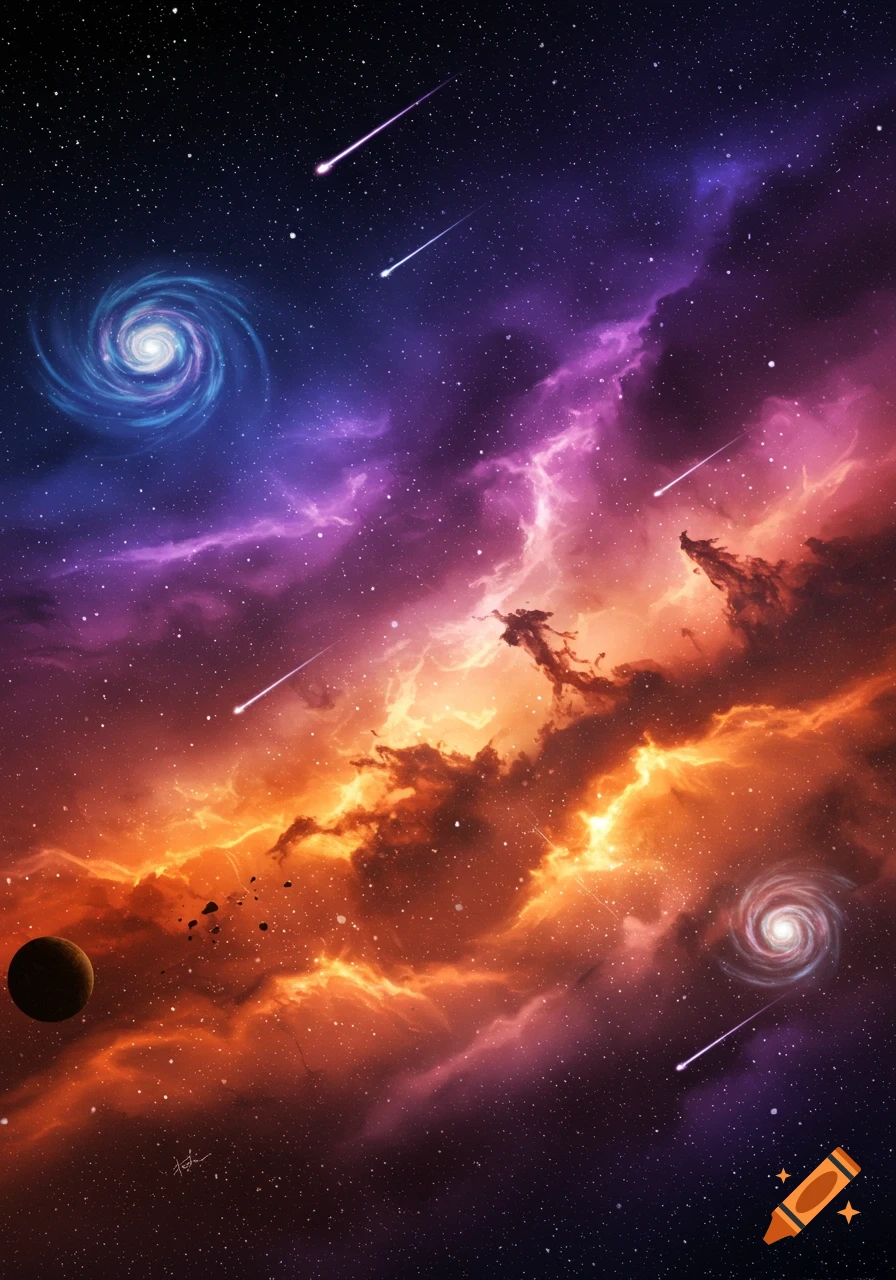 Vibrant purple, orange, and red cosmic nebula with stars, shooting stars, a blue spiral galaxy, a planet, and debris.