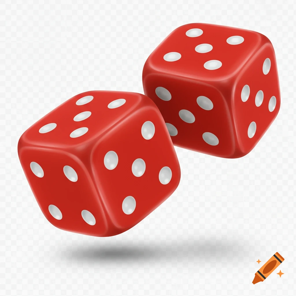 Two red dice, each showing five white dots, floating against a transparent background.