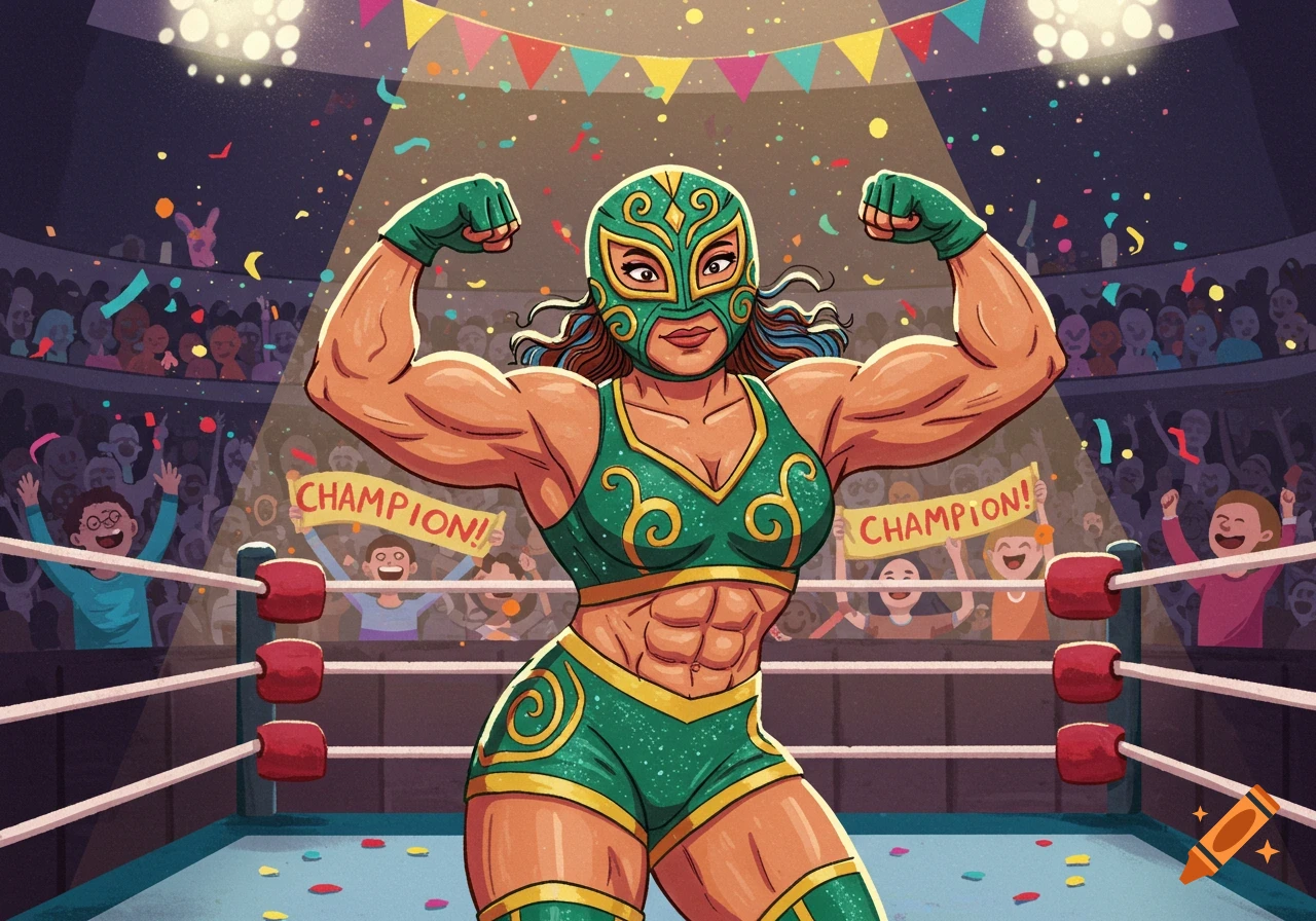 A muscular female masked wrestler in a green and gold outfit flexes her biceps in a brightly lit wrestling arena, with cheering fans and "CHAMPION!" banners in the background. The image is in a children's book style.