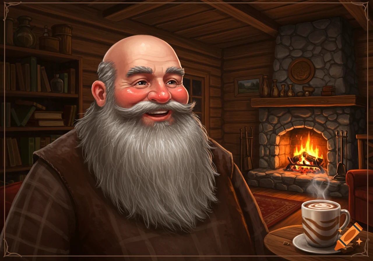 Illustrative portrait of a cheerful bald man with a long gray beard in a cozy log cabin, a fireplace and coffee cup visible.