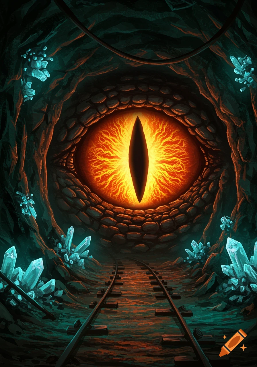 A glowing orange dragon eye at the end of a dark mine tunnel with train tracks and blue crystals on the walls.