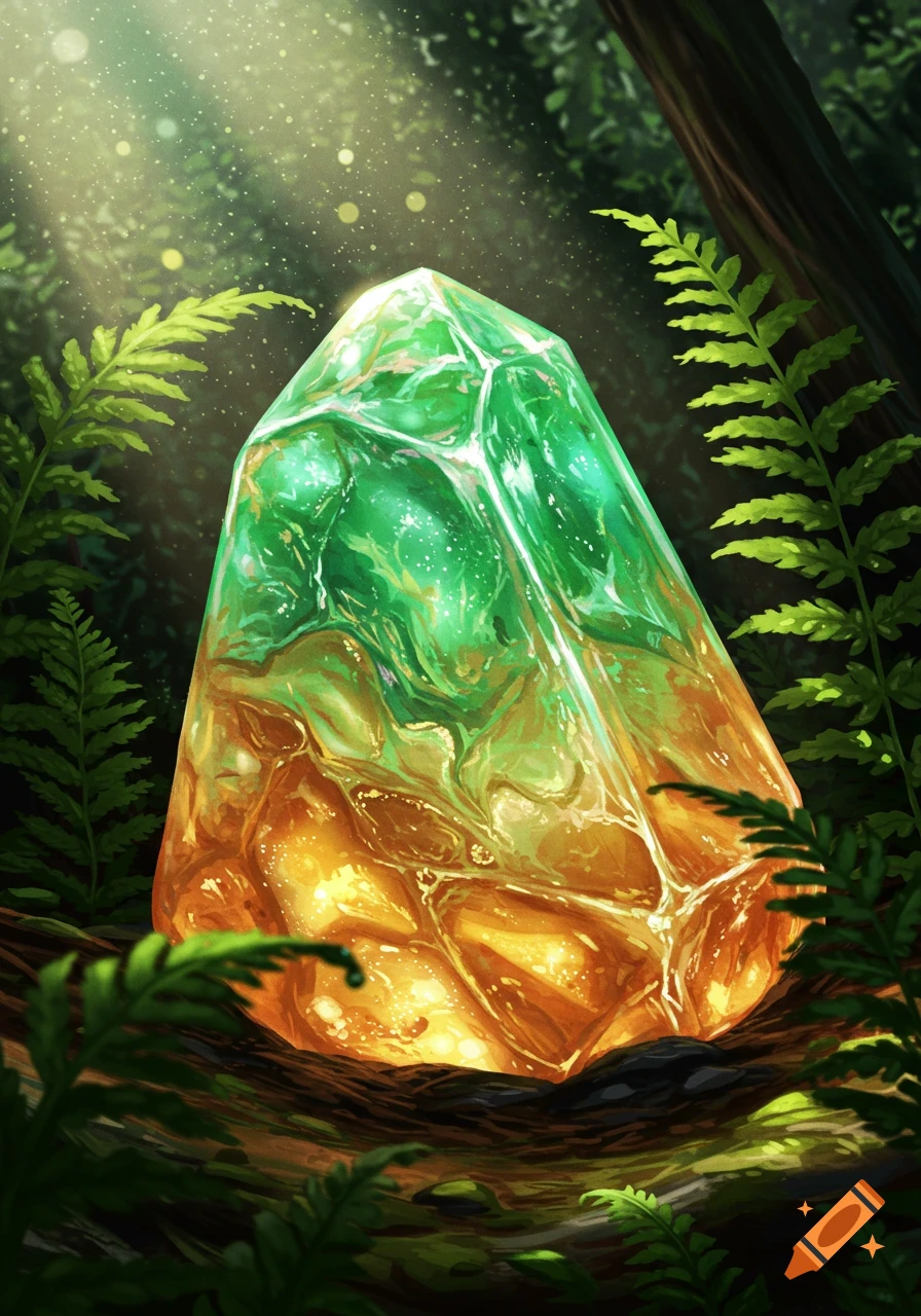A vibrant green and orange glowing crystal rests in a dark, mossy forest with light rays.