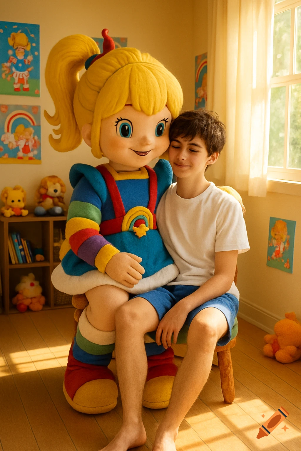 A teenage boy sits on the lap of the Rainbow Brite mascot in a brightly lit room with posters and toys.