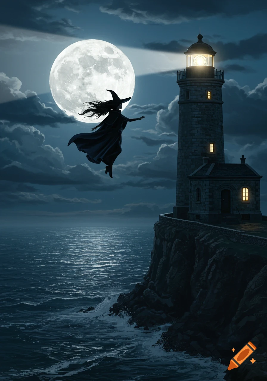 A witch in a dark cloak flies in front of a full moon next to a lighthouse overlooking a stormy sea at night.