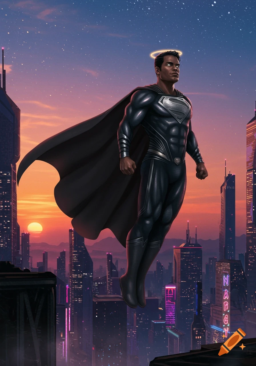 A Black Superman in a black suit and cape floats over a futuristic cityscape at sunset, with a halo above his head. Digital art.