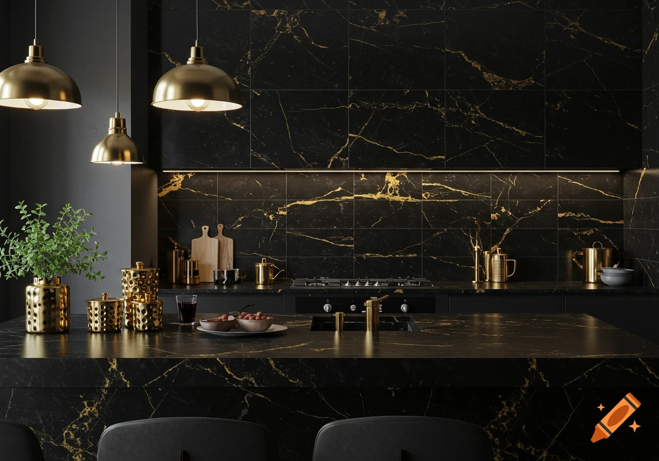 A modern kitchen with black marble countertops and walls featuring striking gold veins. Gold pendant lights hang over the counter.