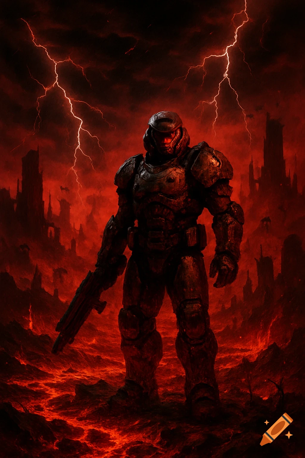 Armored warrior stands on molten ground in a hellish landscape with red lightning and ruined buildings.