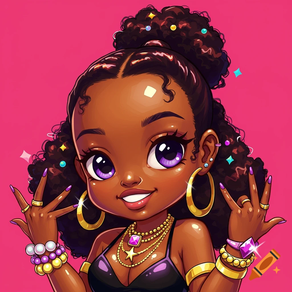 Chibi Black girl with large purple eyes, curly hair, many gold jewels, and a black top, in a bold pop art style on a pink background.