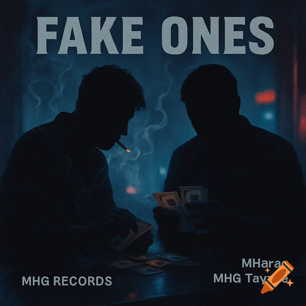A dark, moody song cover featuring two silhouetted men, one smoking, counting money in a smoky room. Text reads "FAKE ONES", "MHG RECORDS", "MHarae", and "MHG Tayzoe".
