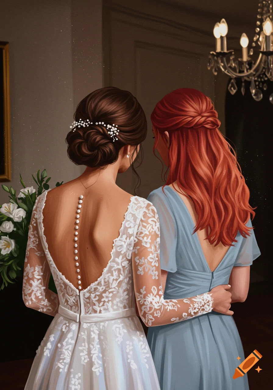 A drawing of a bride with brunette hair and a bridesmaid with red hair, both seen from the back at a wedding.