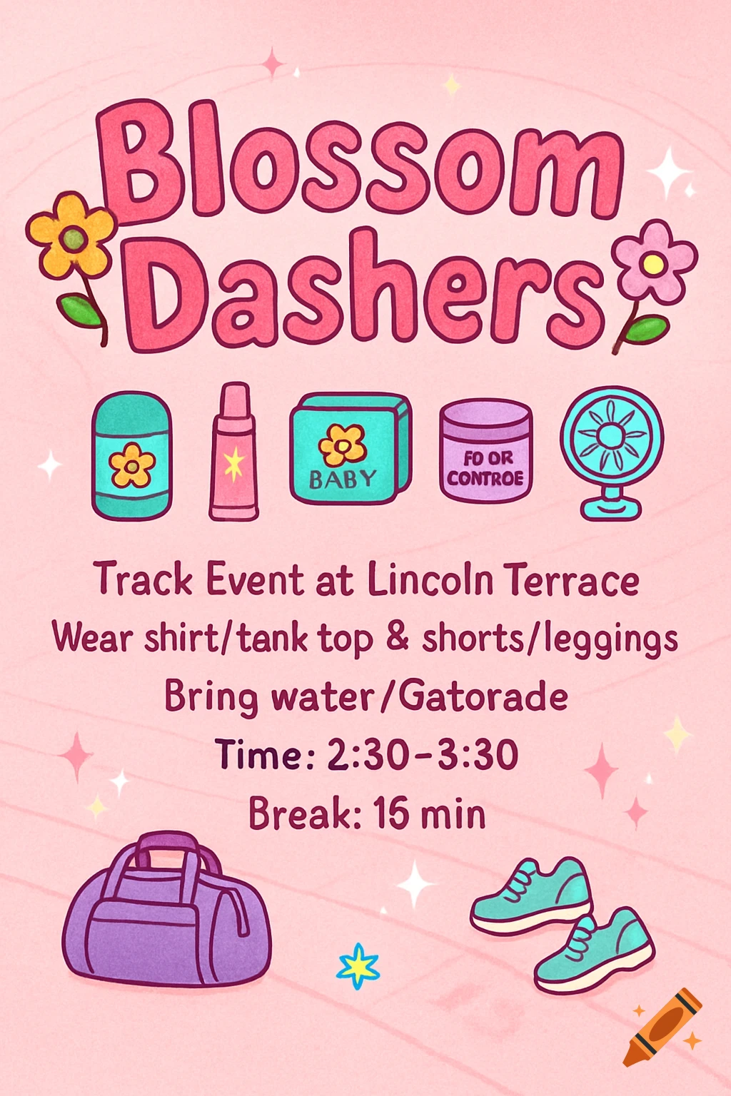 Cartoon pink poster for a 'Blossom Dashers' track event with icons of beauty products, a fan, a duffle bag, and running shoes.