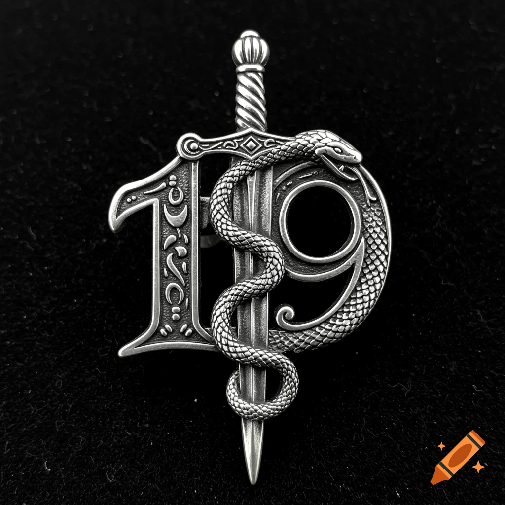 A detailed silver pin shaped like the number 19, intertwined with a sword and a snake.