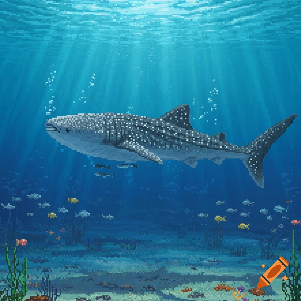 A pixel art whale shark swims in a blue ocean with other fish and plants on the seafloor.