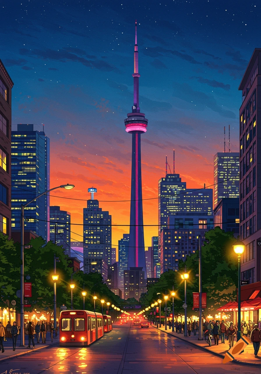 A vibrant, stylized cityscape at dusk with the illuminated CN Tower prominent in the background. A red streetcar moves down a busy street lined with trees, lampposts, and pedestrians. The sky transitions from orange to deep blue with stars.