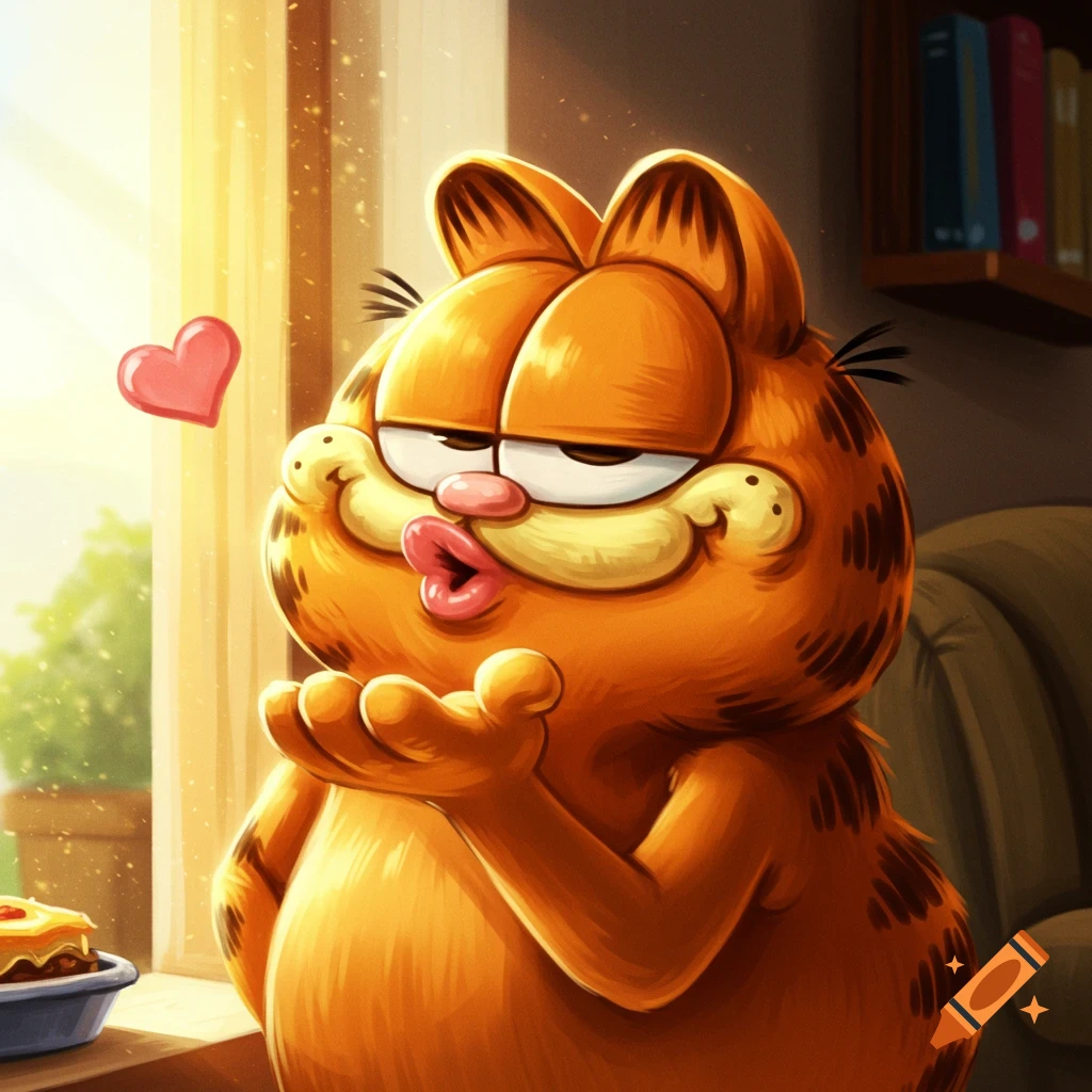 A cartoon Garfield with big lips blows a kiss, with a floating pink heart, near a sunny window.