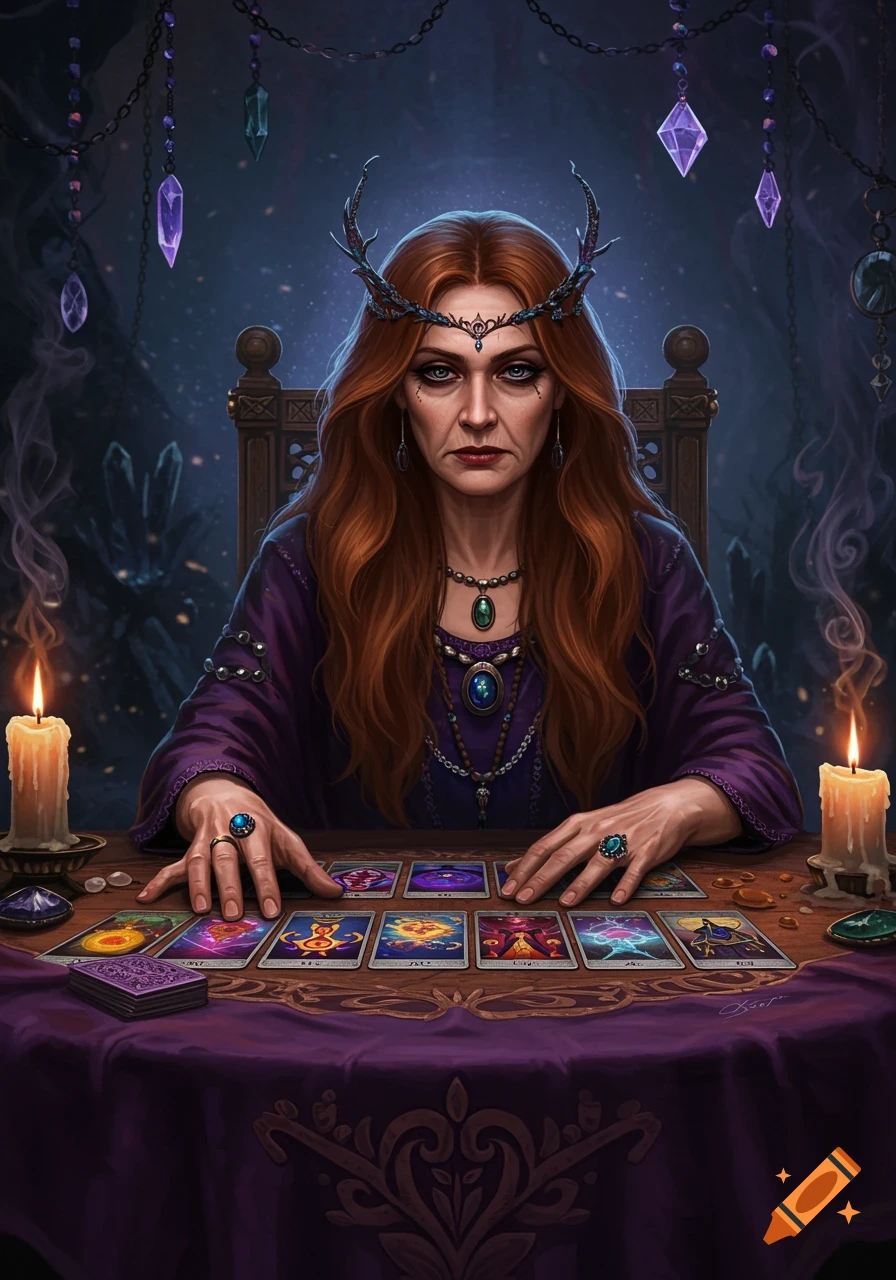 A woman with red hair reads tarot cards by candlelight in a dark, mystical setting, wearing a purple dress and an ornate crown.