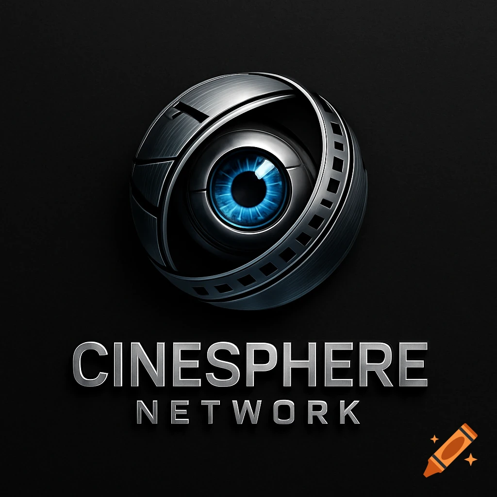 A sleek, metallic logo featuring a blue eye resembling a camera lens, encircled by a film strip, with 'CINESPHERE NETWORK' text below on a dark background.