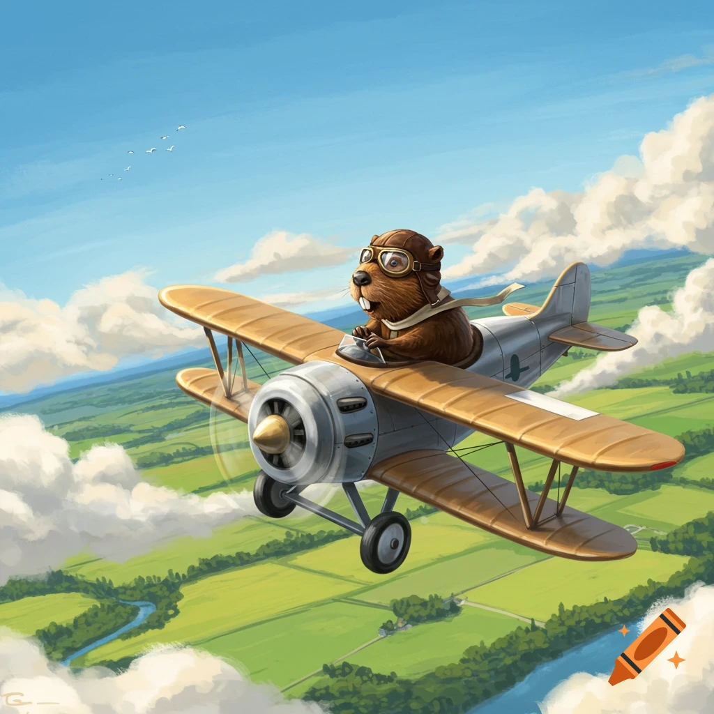 An illustrated brown beaver wearing aviator goggles and a helmet, flying a vintage biplane through a clear sky above green fields and a winding river.