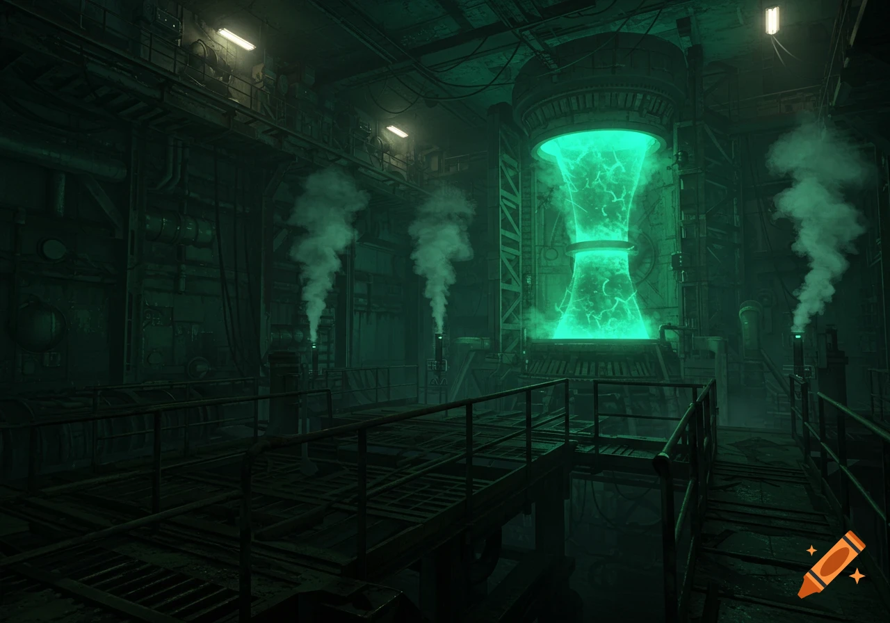 A dark, green-lit industrial reactor core with glowing green energy in a central chamber, emitting steam.