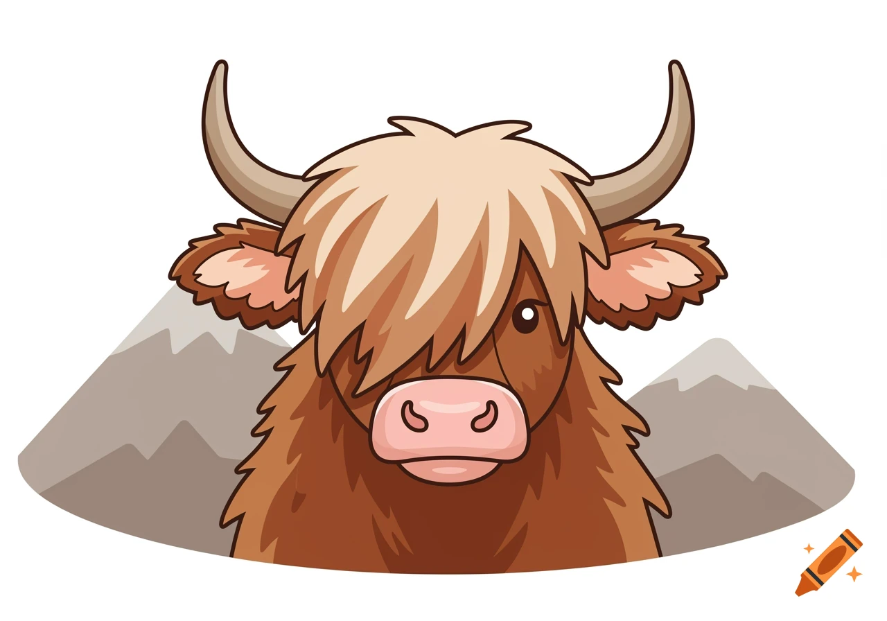 A cute cartoon Highland cow head with a shaggy light brown fringe and horns peeking over grey mountains.