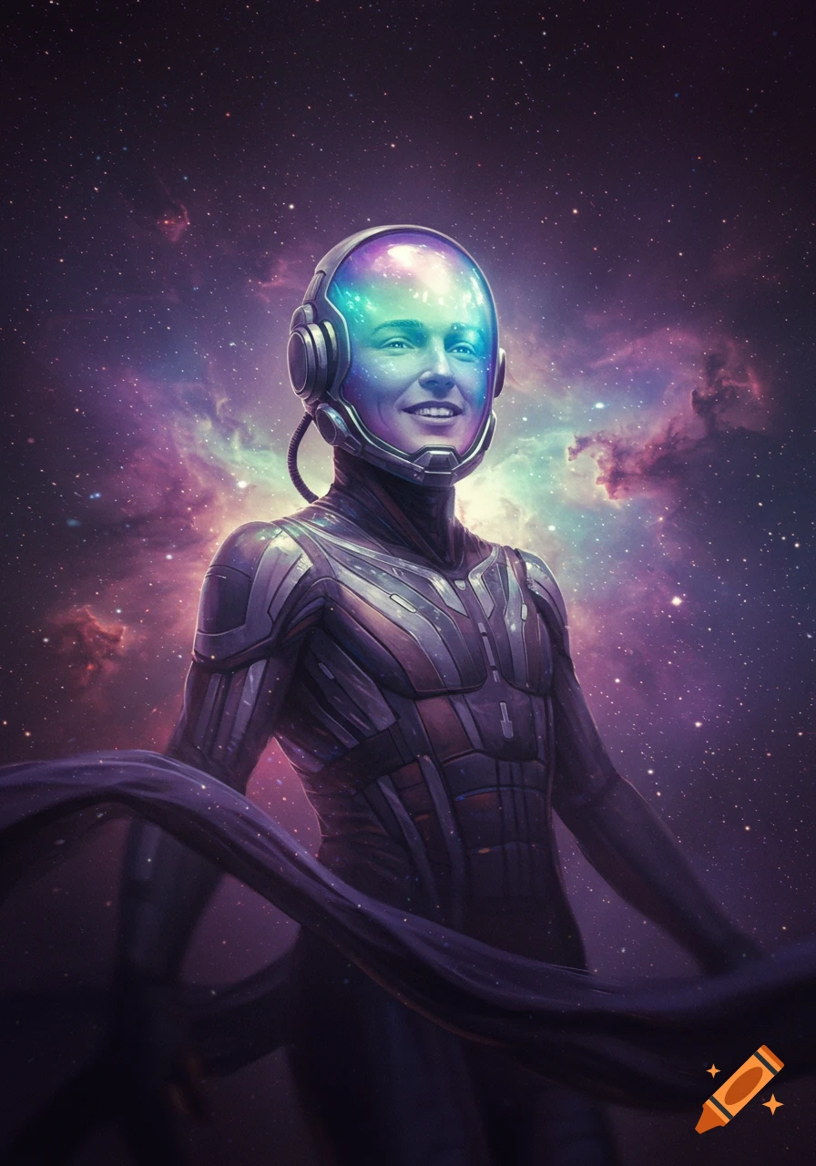 A smiling person in a futuristic helmet and suit, against a vibrant space background with nebulas.