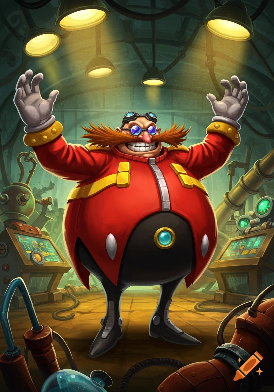 Dr. Robotnik from Sonic the Hedgehog raises his hands triumphantly in a cartoon-style lab.